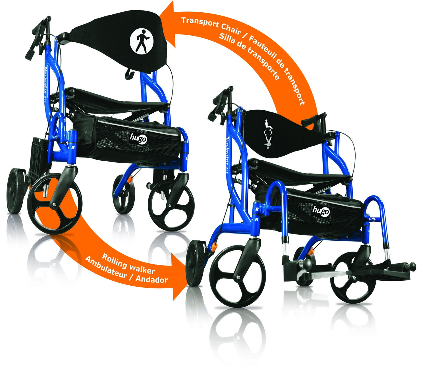 2-in-1 Rollator & Transport Chair – Hugo Navigator, Side-Folding, 17 lb