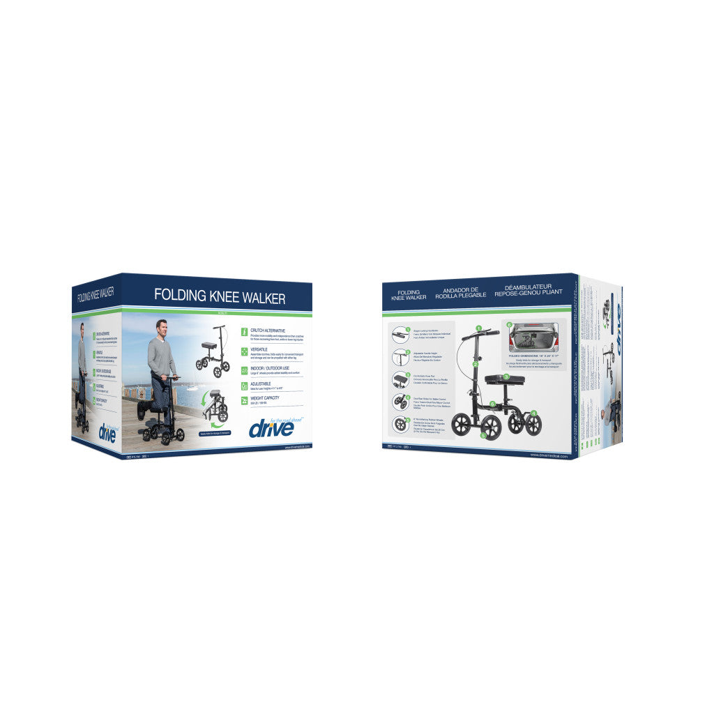 Steerable Folding Knee Walker – 350 lb, 8" Wheels, Push-Button Parking Brake