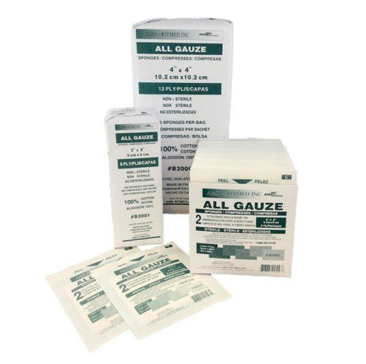 3" x 3" Ritmed 100% Cotton Gauze Sponges Non-Sterile 8 Ply | B3003