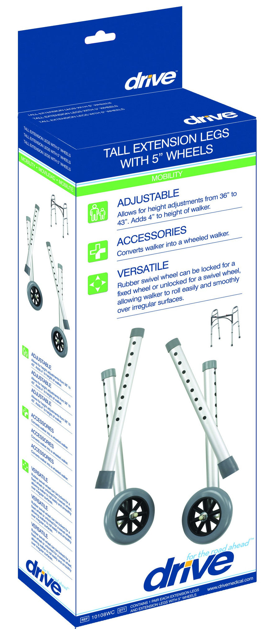 Extended Height Walker Wheels and Legs Combo Pack, 5" Wheels, 1 Pair