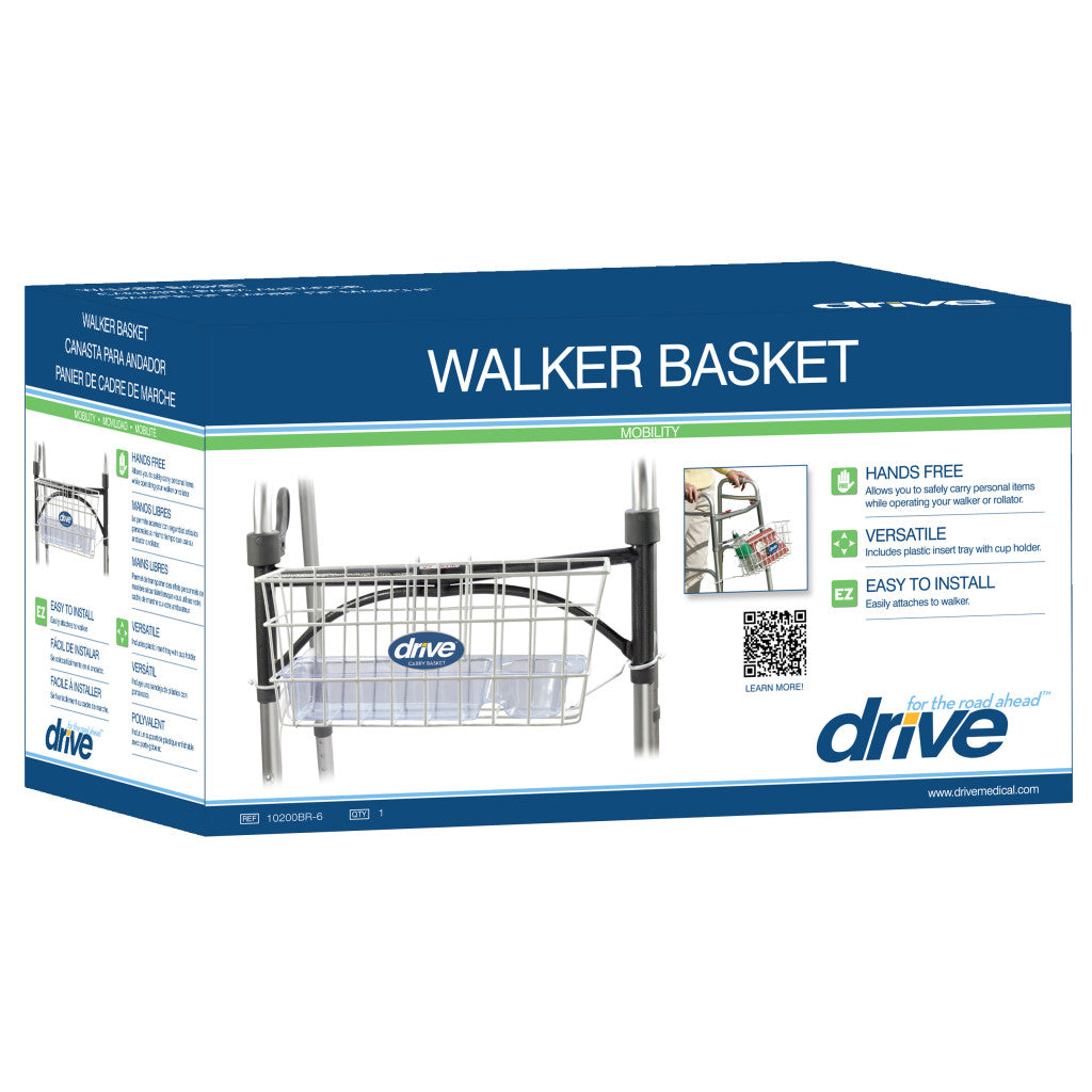 Walker Basket with Cup Holder & Plastic Insert Tray – Fits 1" Folding Walkers