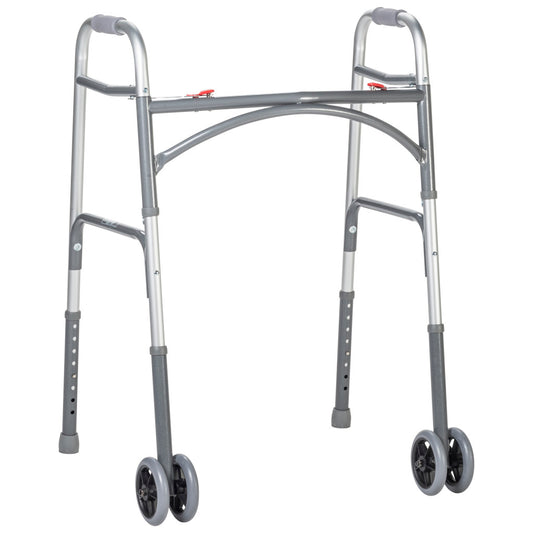 Bariatric Two Button Walker with Wheels – Heavy Duty, 600 lb Capacity, 5" Wheels