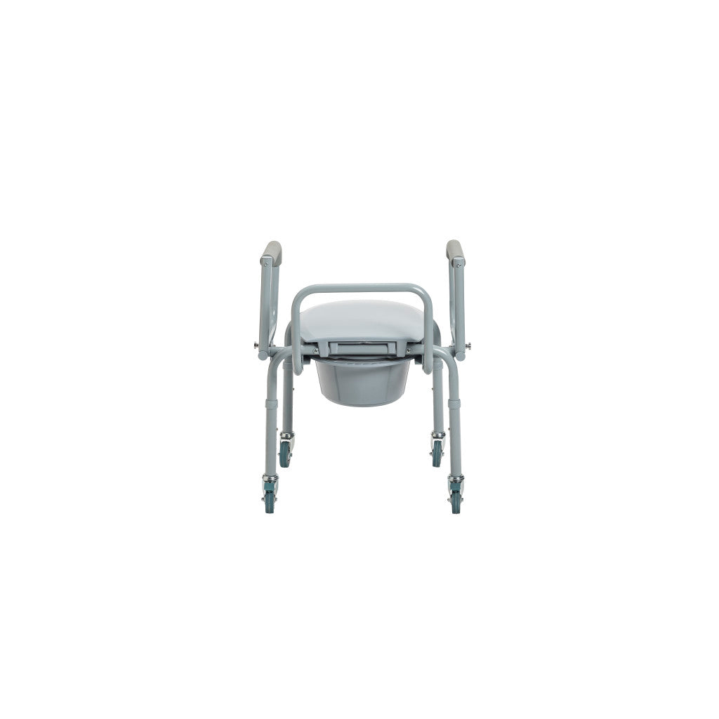 Steel Drop-Arm Commode with Wheels and Padded Armrests