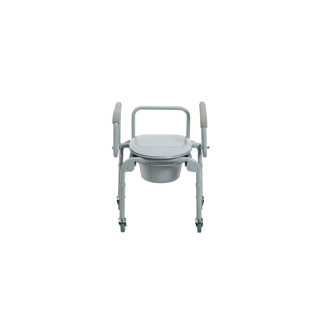 Steel Drop-Arm Commode with Wheels and Padded Armrests