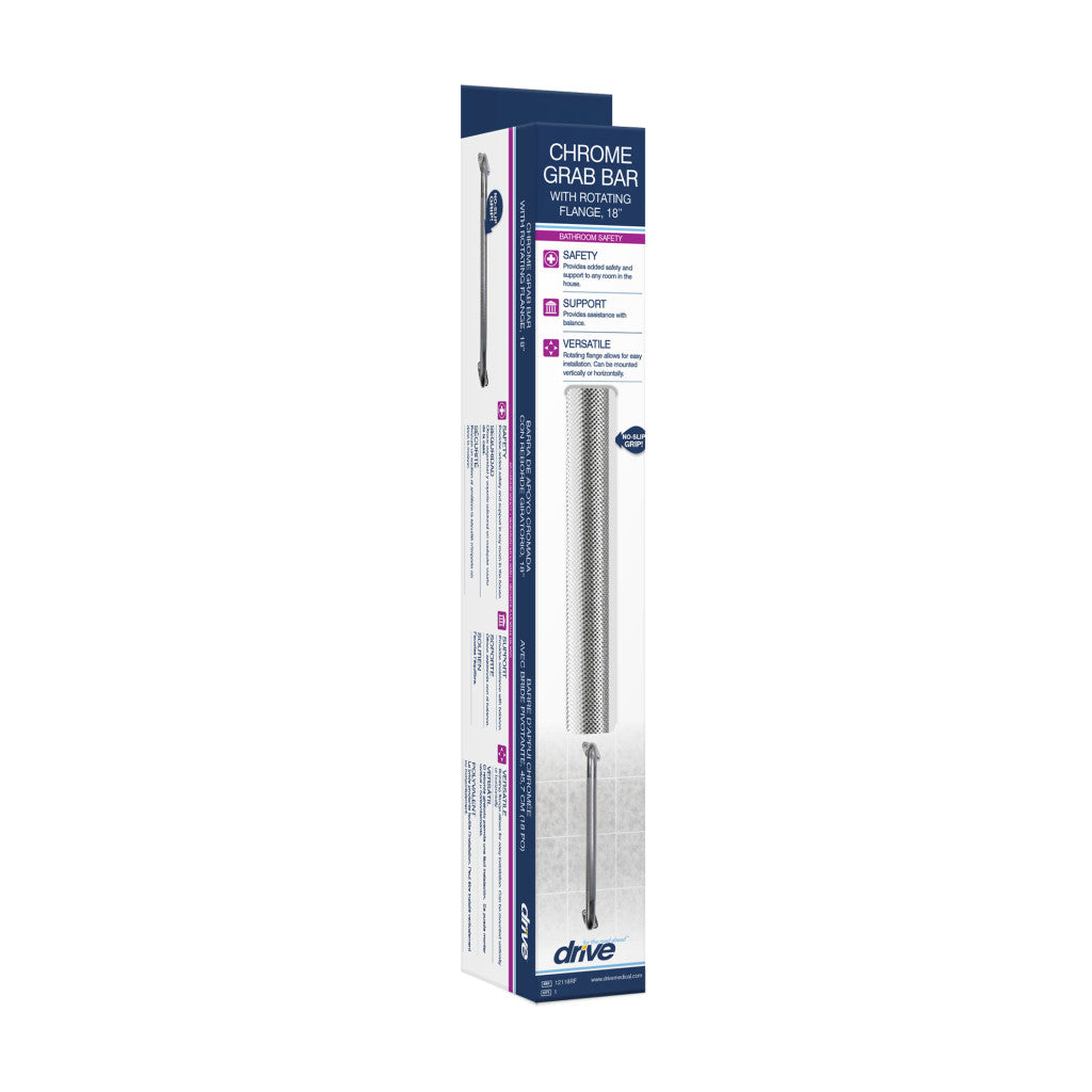 Chrome Knurled Grab Bar with Rotating Flange – Drive Medical, Non-Slip, Lifetime Warranty