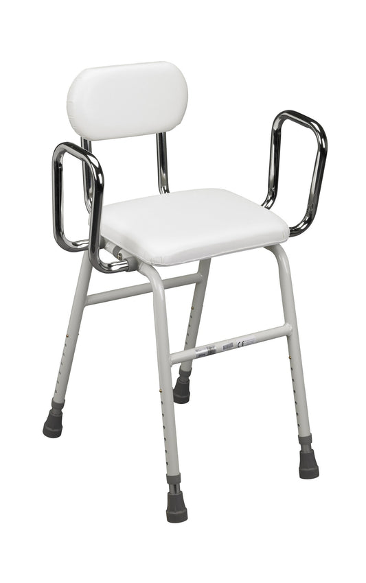 Adjustable Height Kitchen Stool with Padded Seat, Back & Removable Arms