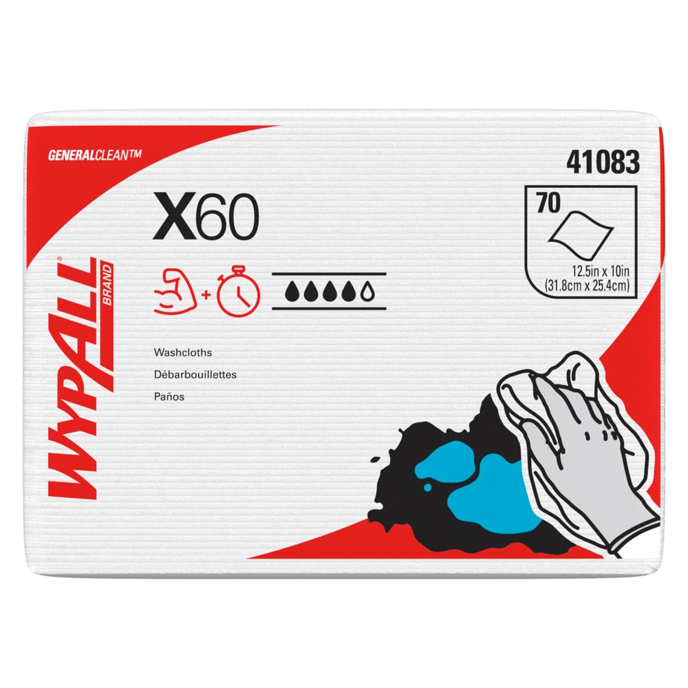 WYPALL X60 HYGIENIC WASHCLOTH, 1⁄4 Fold, 12.5X10IN, 1PLY