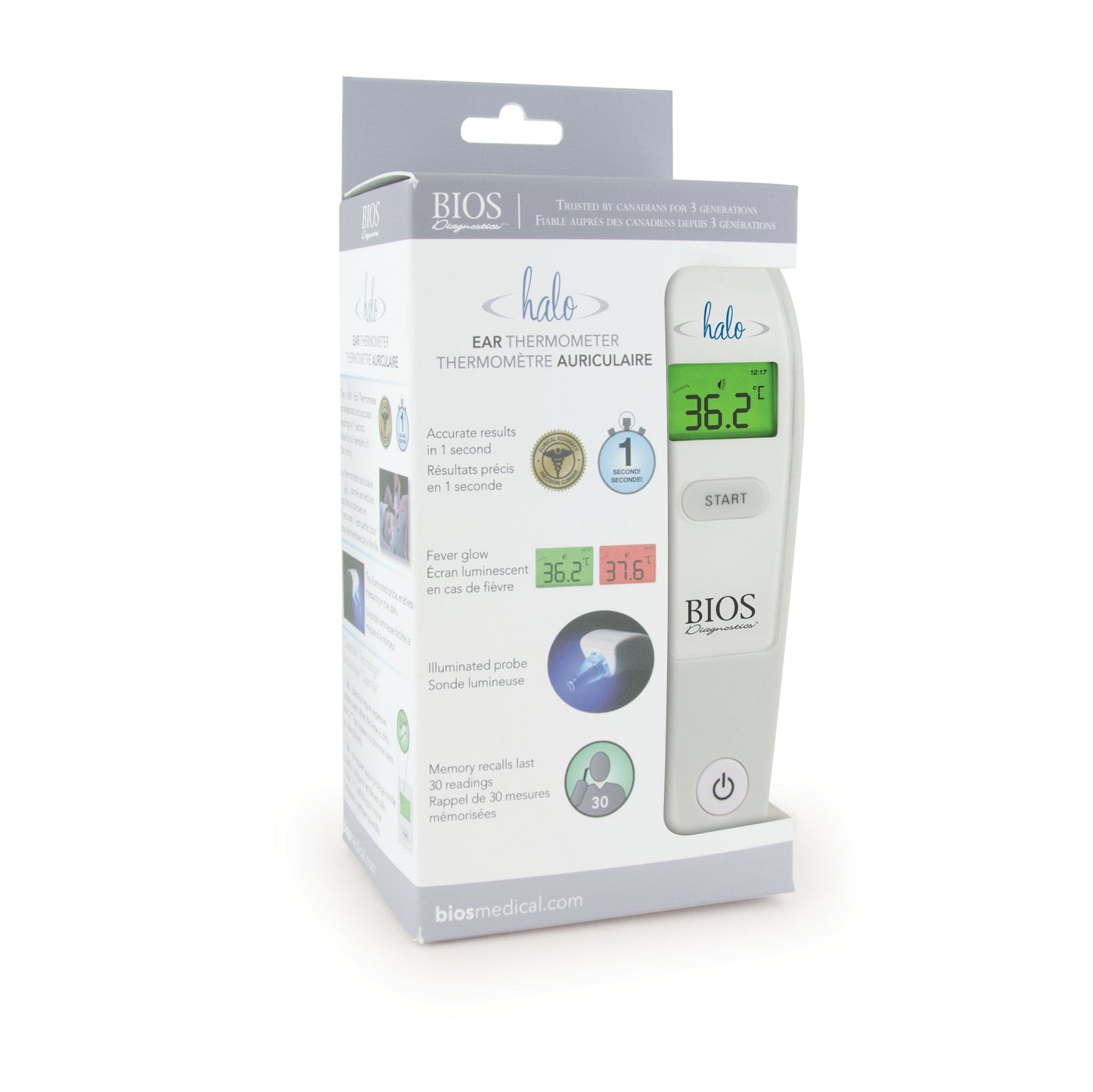 BIOS Halo 1-Second Ear Thermometer with Illuminated Probe and Clean Me Technology