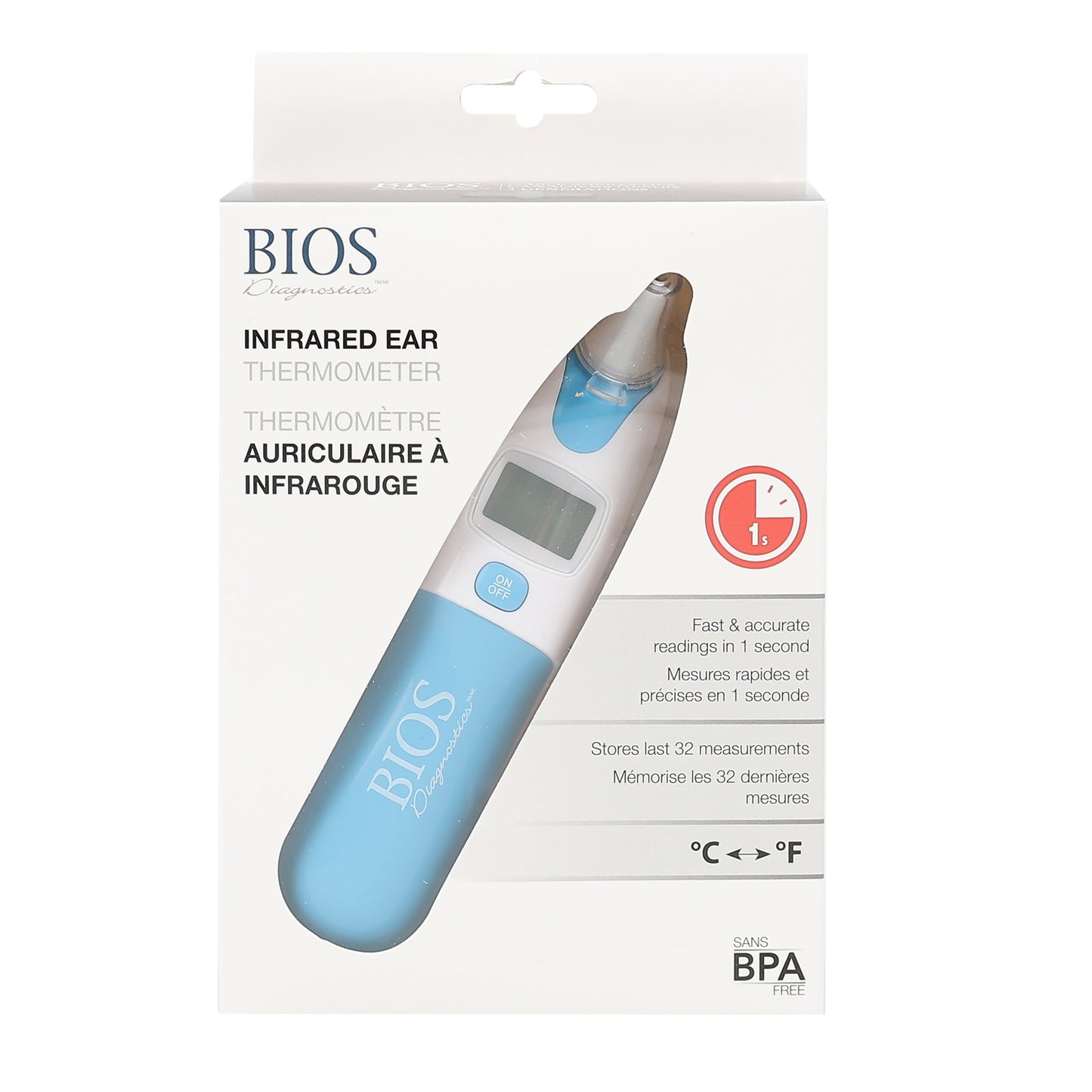 BIOS Infrared Ear Thermometer with Fever Alarm and Blue Backlight