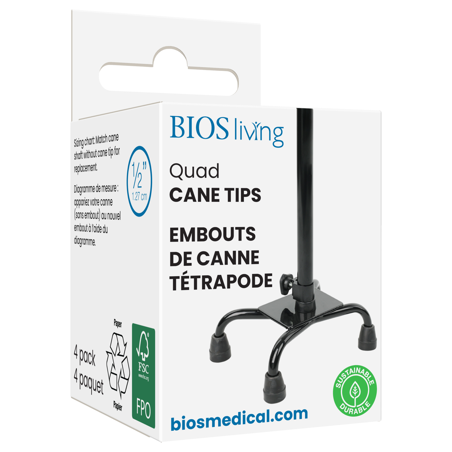 BIOS Living Quad Cane Tips 1/2 Inch – Pack of 4