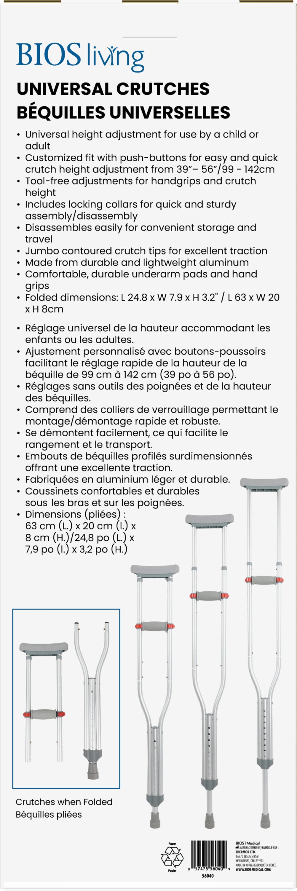 BIOS Living Universal Crutches with Tool-Free Adjustment for Children and Adults