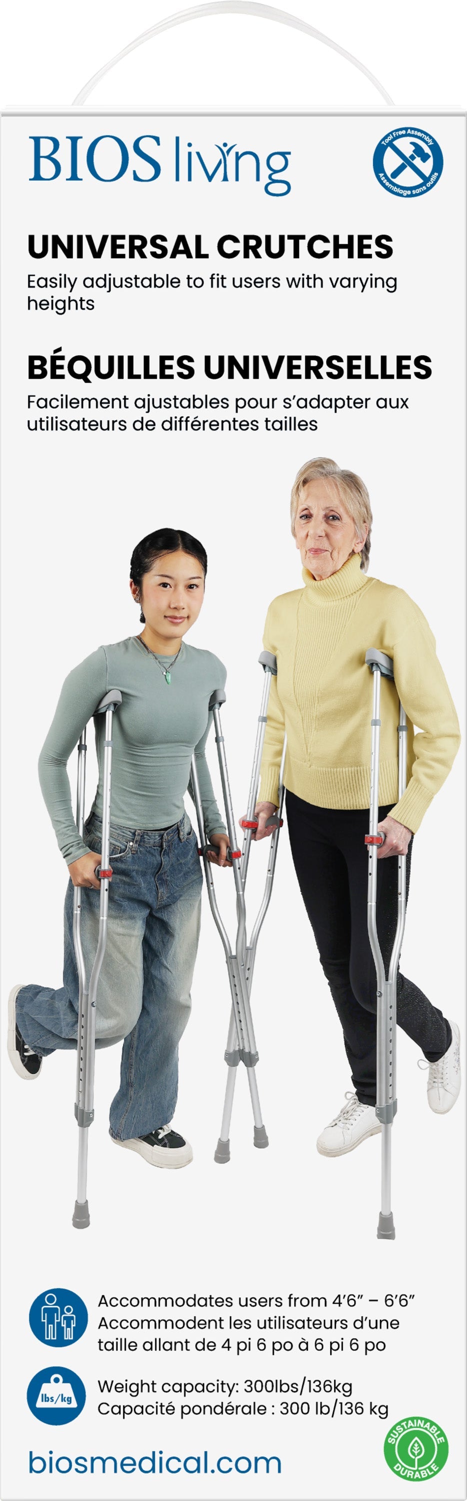 BIOS Living Universal Crutches with Tool-Free Adjustment for Children and Adults