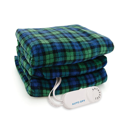 BIOS Living Micro Plush Electric Heated Throw in Blue/Green Plaid with 10 Heat Settings