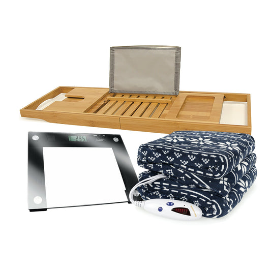 BIOS Living Home Spa Bundle with Bathtub Caddy, Talking Scale and Heated Throw