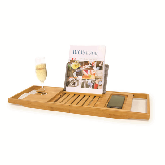 BIOS Living Extendable Bamboo Bathtub Caddy with Wine Glass Holder and Book Rest