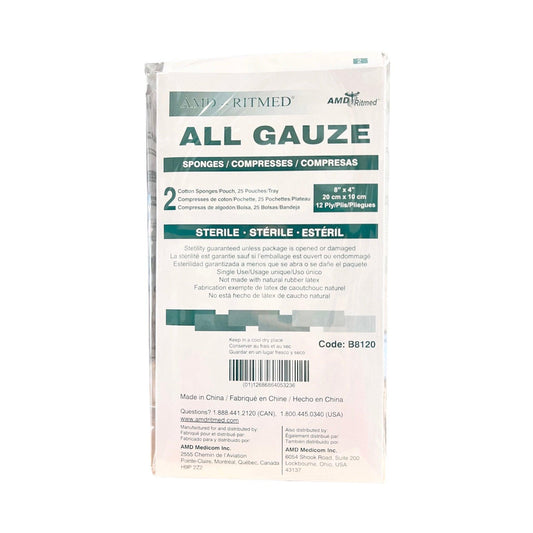 Gauze Sterile Cotton Sponges 8" x 4" - 12 Ply (25 Pouches, 2/PK)