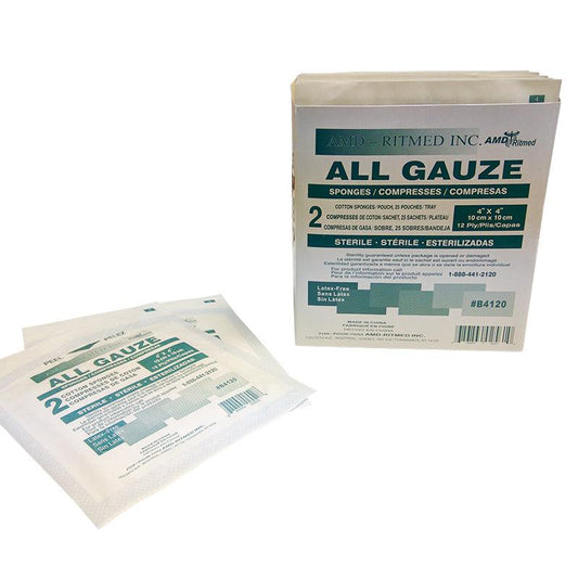 Gauze Sterile Cotton Sponges - 2" x 2" - 12 Ply (50 Pouches, 2/PK)