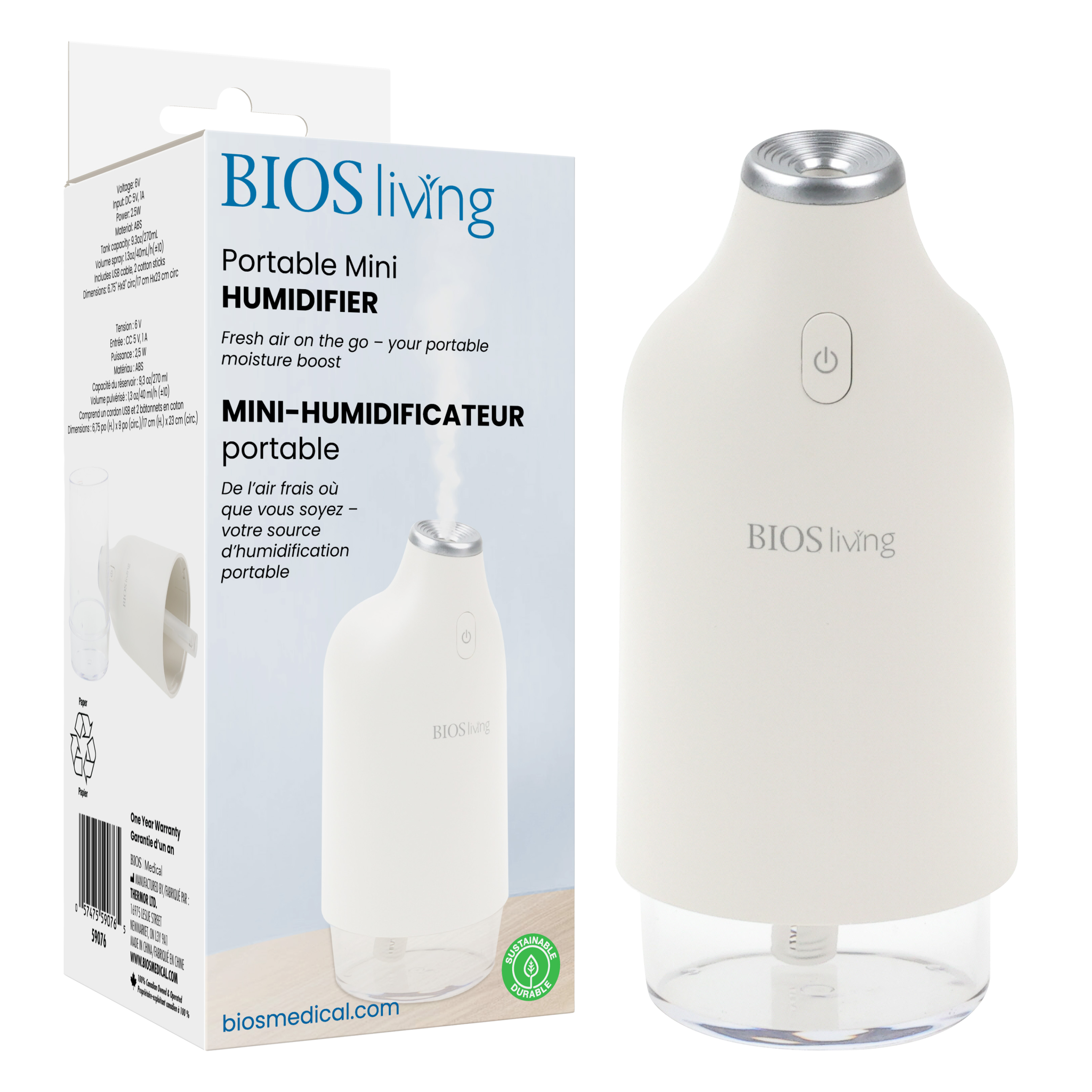 BIOS Living Portable Mini Humidifier with USB Power and Adjustable Mist ...