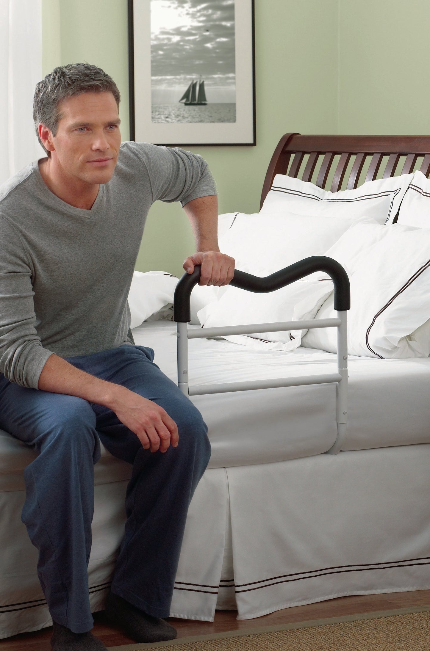 BIOS Living Adjustable Bed Rail with Padded M-Shape Handle and Bedside Pocket