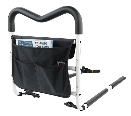 BIOS Living Adjustable Bed Rail with Padded M-Shape Handle and Bedside Pocket