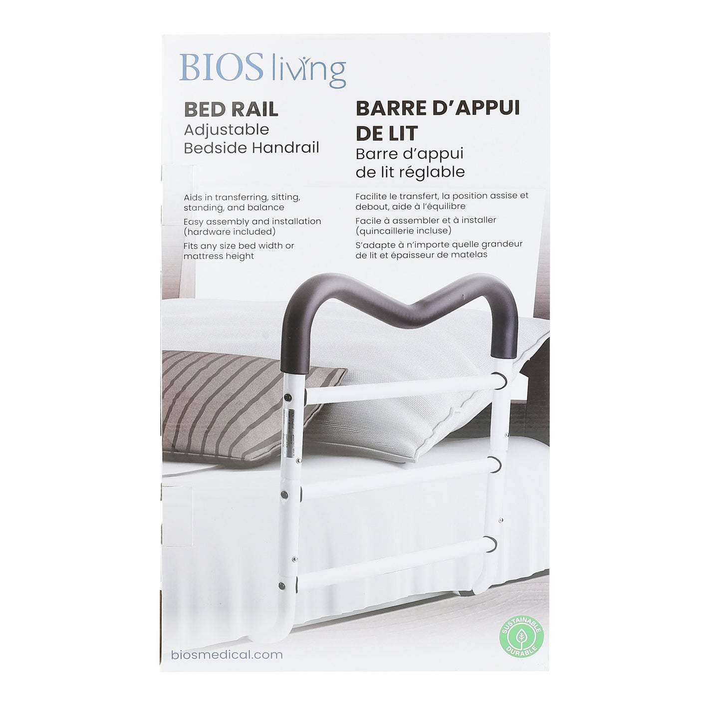 BIOS Living Adjustable Bed Rail with Padded M-Shape Handle and Bedside Pocket