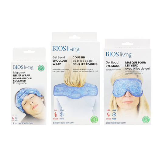 BIOS Living Gel Bead Hot & Cold Therapy Bundle – Eye Mask, Migraine & Shoulder Wraps for Pain Relief