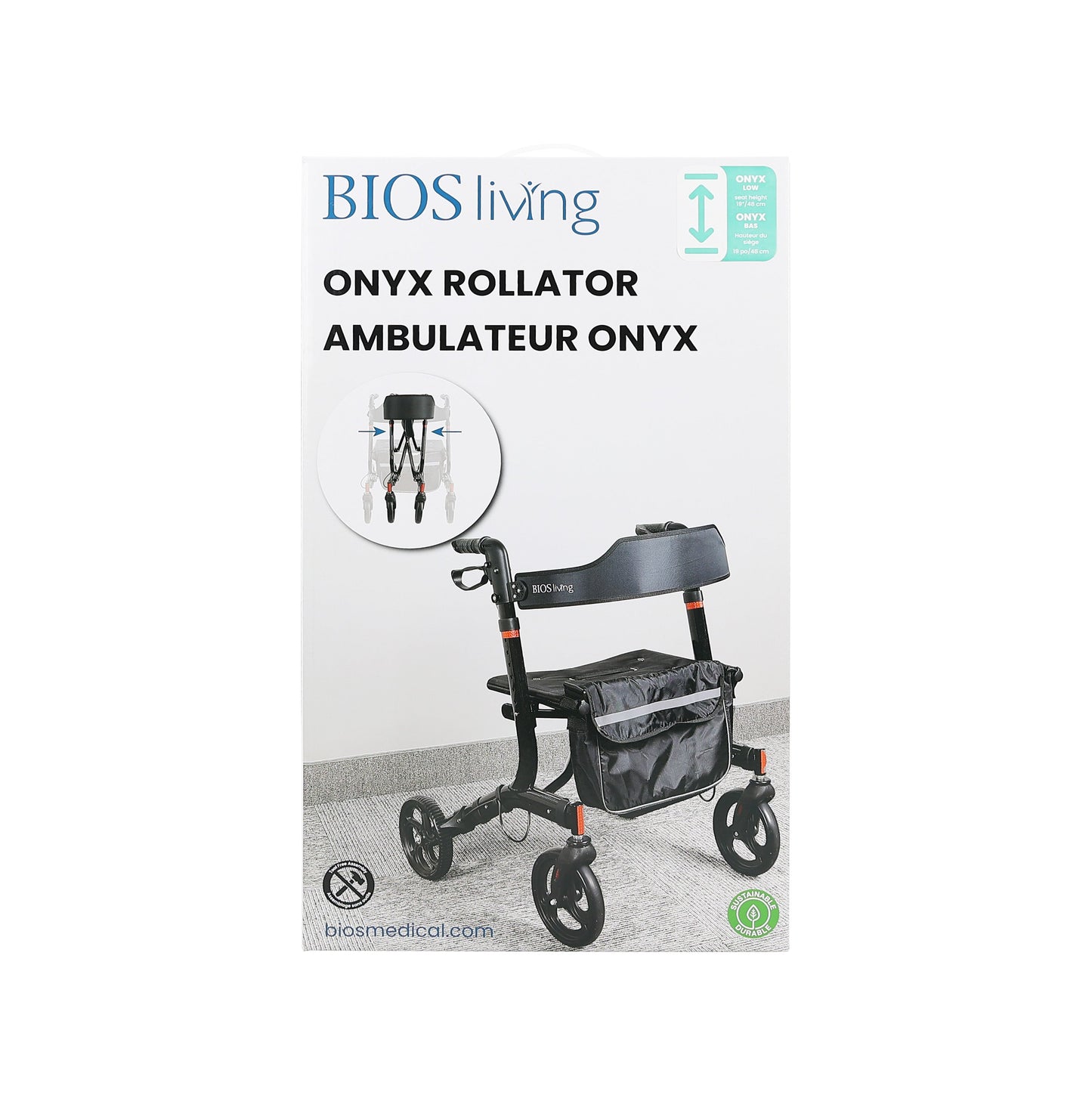 BIOS Living ONYX Rollator Low Height 19 Inches with Cross-Fold Frame and Messenger Bag