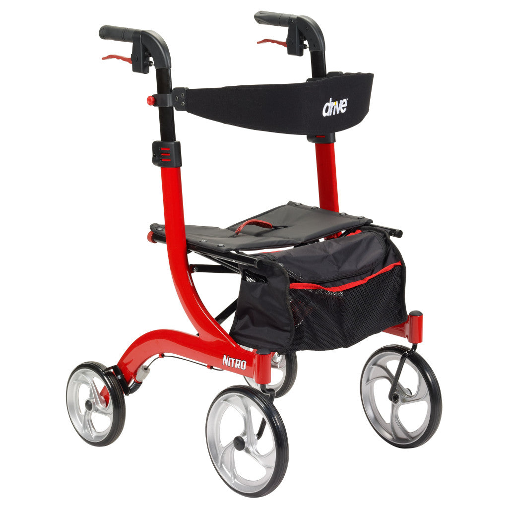 Drive Nitro Euro Style Rollator Walker – Red, 300 lb Capacity, 10" Wheels