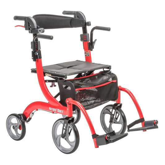 2-in-1 Rollator & Transport Wheelchair – Drive Medical Nitro Duet, 22 lb, Red