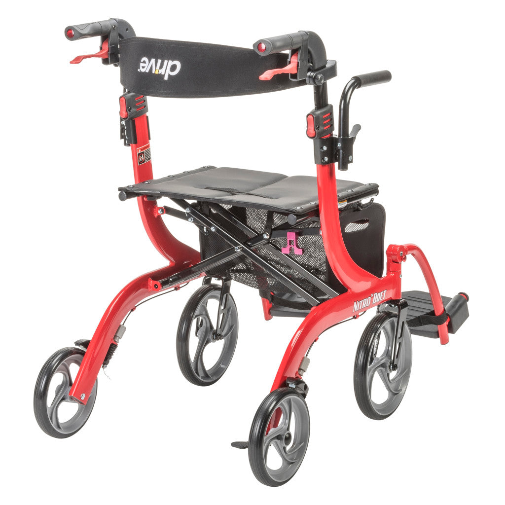 2-in-1 Rollator & Transport Wheelchair – Drive Medical Nitro Duet, 22 lb, Red