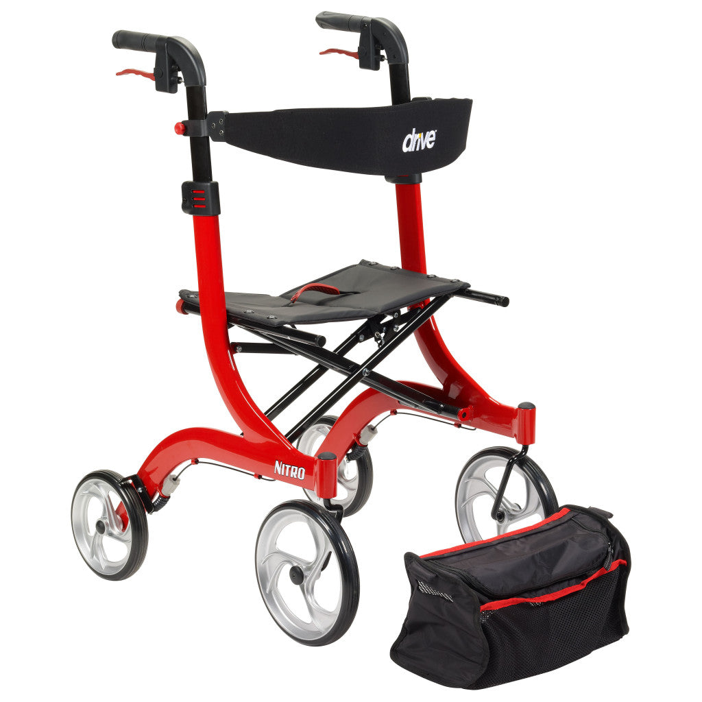 Drive Nitro Euro Style Rollator Walker – Red, 300 lb Capacity, 10" Wheels
