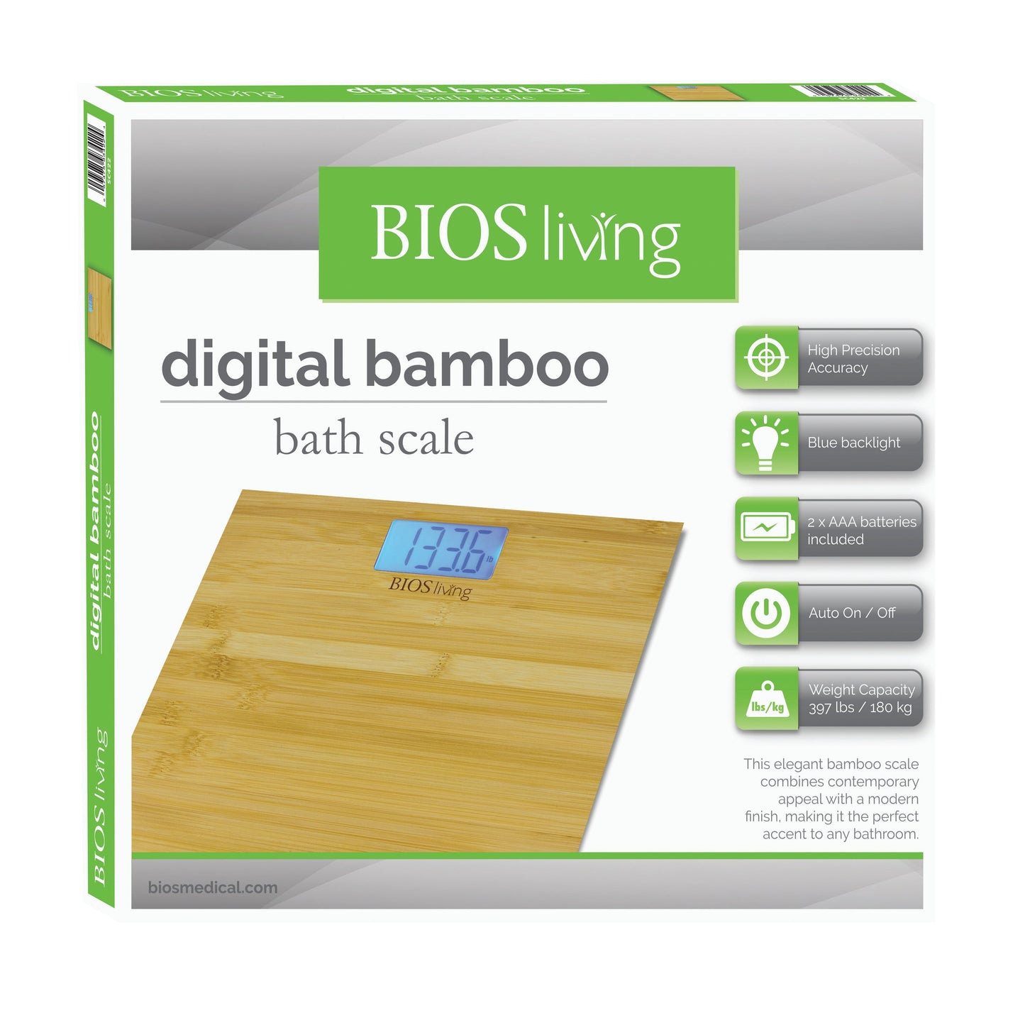 BIOS Living Bamboo Digital Bathroom Scale with Blue Backlit Display