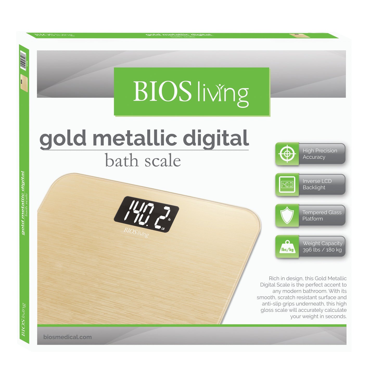 BIOS Living Gold Metallic Digital Bathroom Scale with Backlit Display