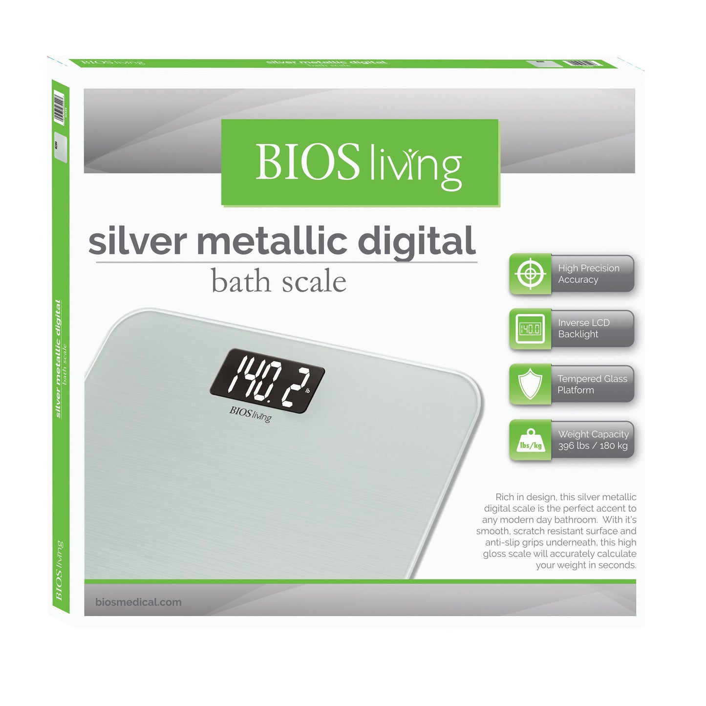 BIOS Living Silver Metallic Digital Bathroom Scale with Backlit Display
