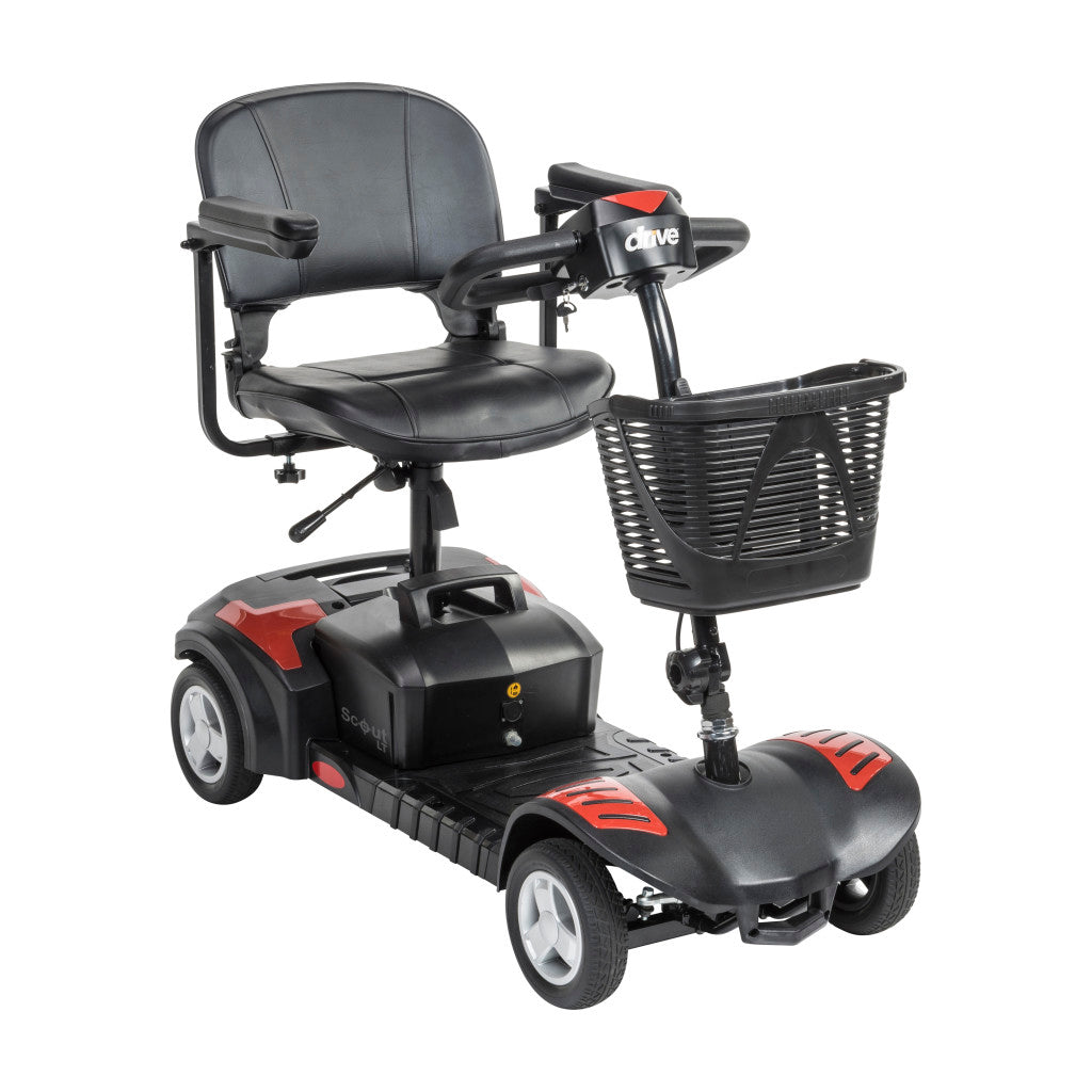 4-Wheel Compact Travel Scooter – Drive Medical Scout, 300 lb, 4 mph, 9–15 Mile Range, Tool-Free Disassembly