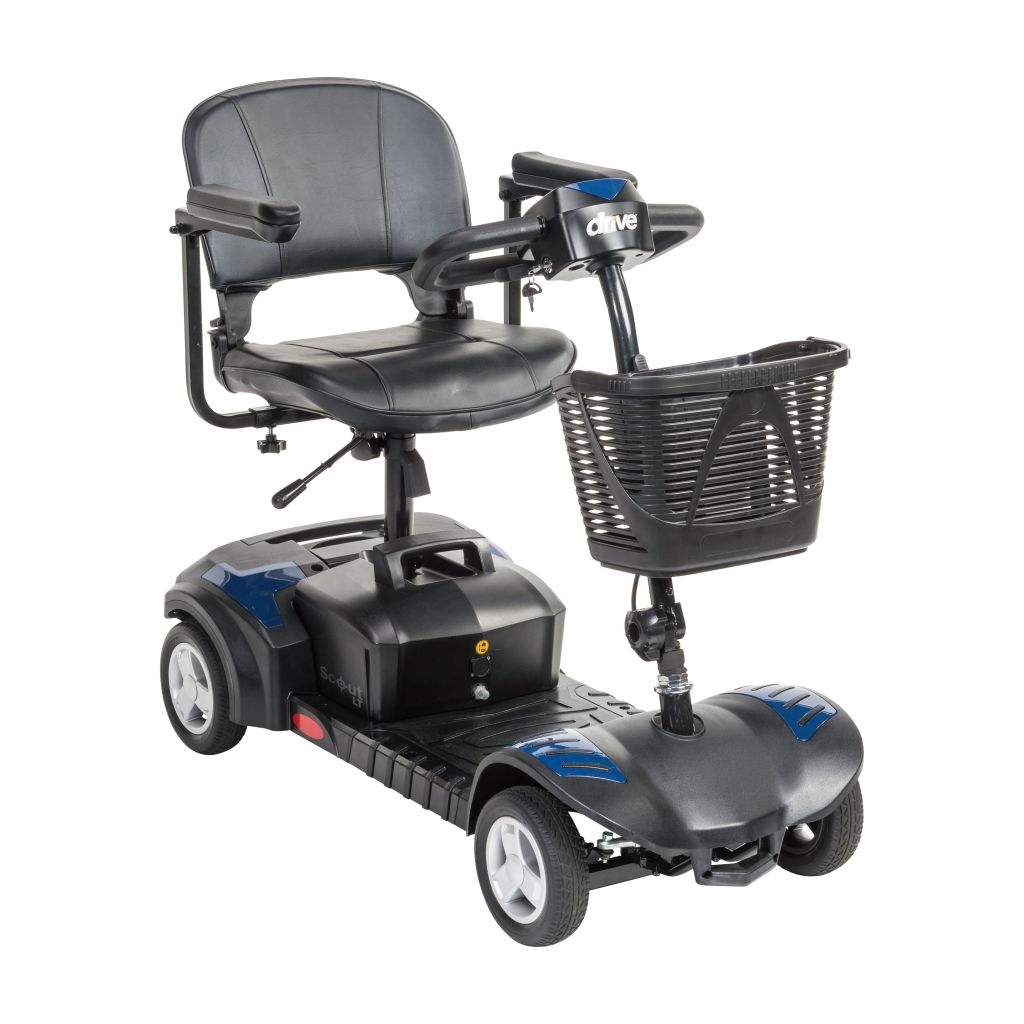 4-Wheel Compact Travel Scooter – Drive Medical Scout, 300 lb, 4 mph, 9–15 Mile Range, Tool-Free Disassembly