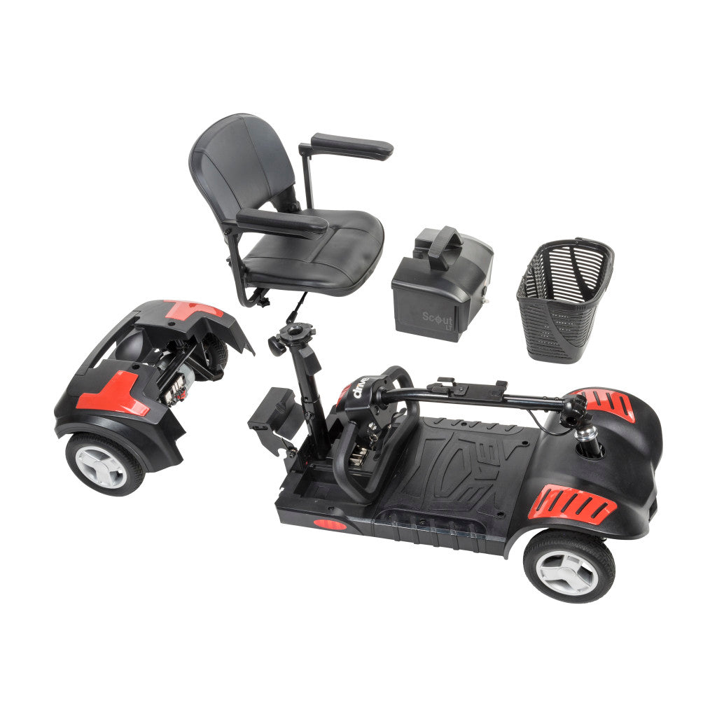 4-Wheel Compact Travel Scooter – Drive Medical Scout, 300 lb, 4 mph, 9–15 Mile Range, Tool-Free Disassembly