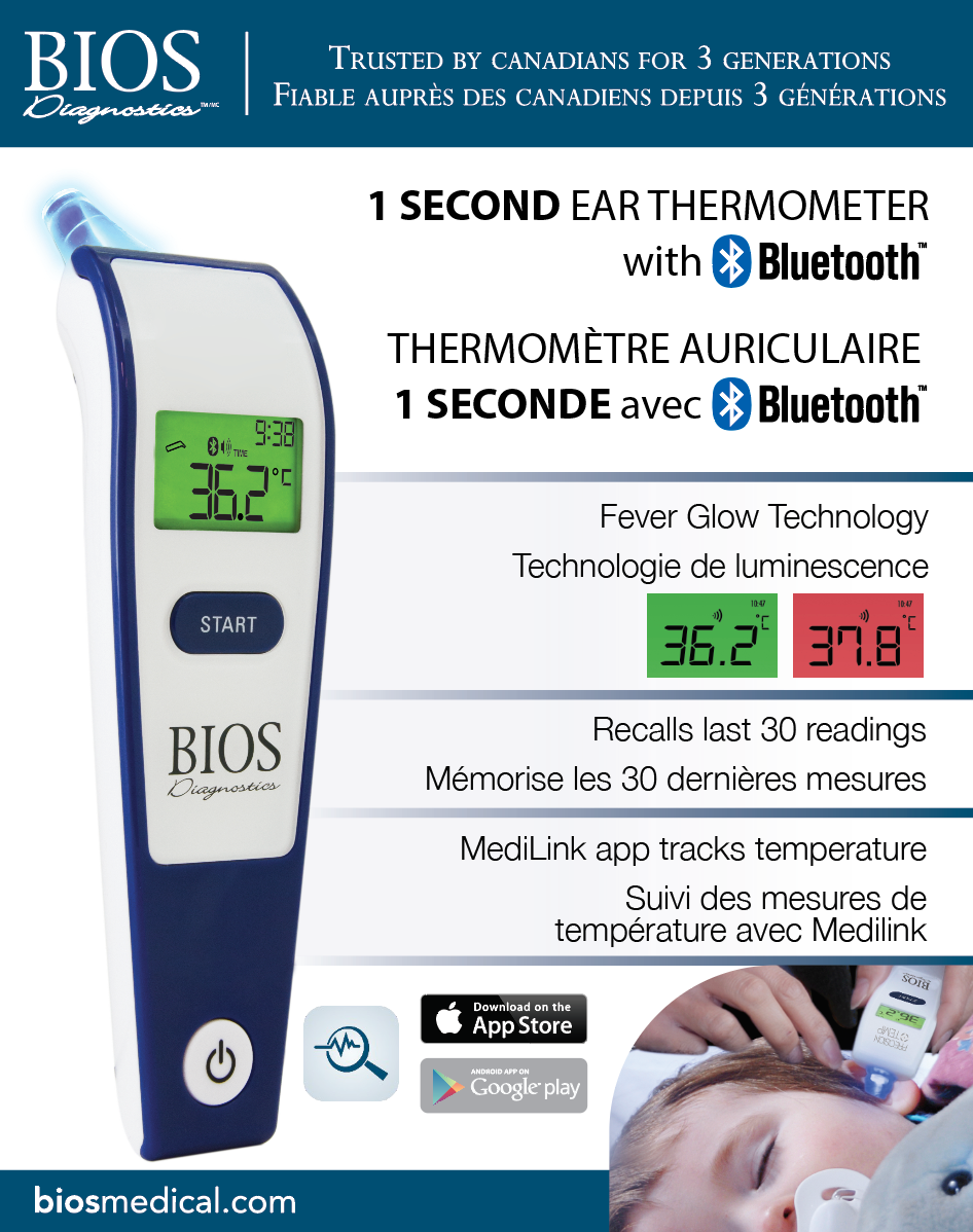 BIOS 1-Second Ear Thermometer with MediLink App and Illuminated Probe