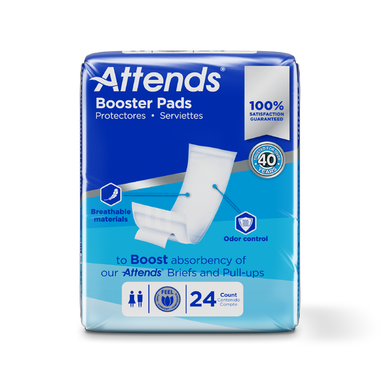 Attends Booster Pads – Extra Absorbency, Odor-Blocking, Made in USA, 24/pkg (3.74" x 11.22")
