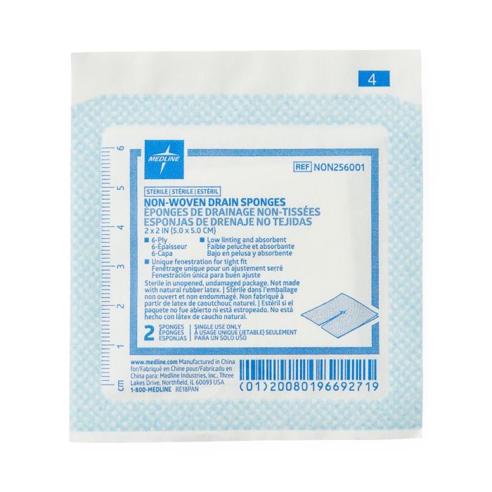 Medline Sterile Trach Drain Sponge Non Woven Sterile,  4"x4" 6-Ply