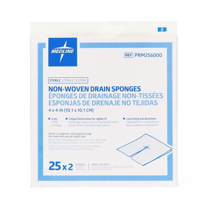 Medline Sterile Trach Drain Sponge Non Woven Sterile,  4"x4" 6-Ply