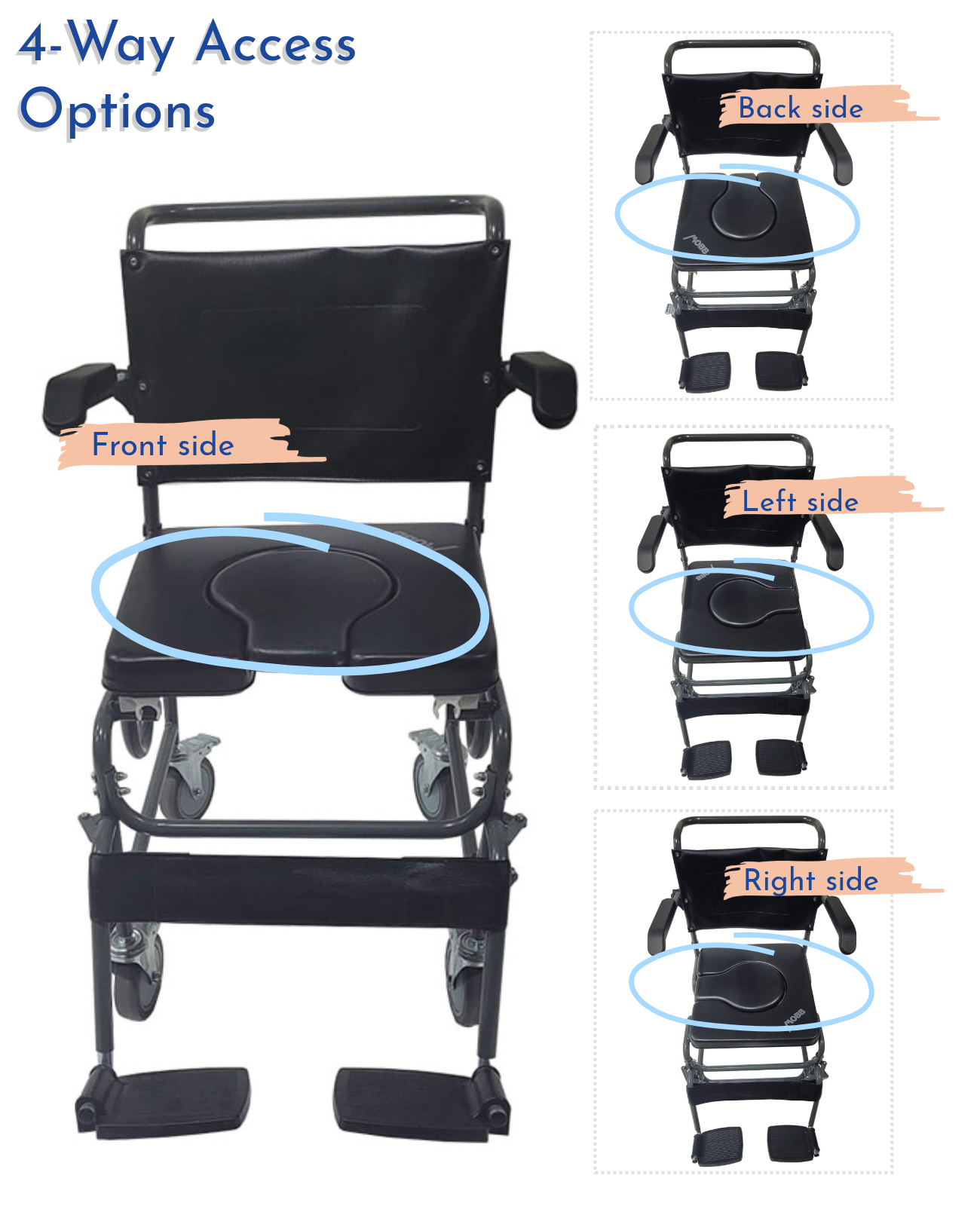 4 Way Padded Steel Commode Chair with Wheels: MHSCMW-3
