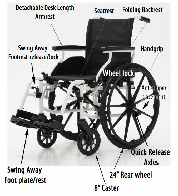Mobb Lightweight Aluminum Wheelchair – Adjustable Seat Height, Flip-Up Desk Arms, 300 lb