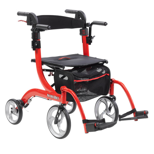 Nitro Duet Dual Function Transport Wheelchair and Rollator Rolling Walker, Red