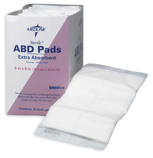 Medline Premium Abdominal Pad, Sterile, Extra Absorbent, 5 x 9 Inch, Box of 25 NON21450