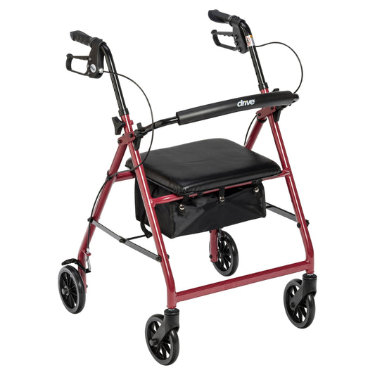 Walker Rollator with 6" Wheels, Fold Up Removable Back Support and Padded Seat, Red